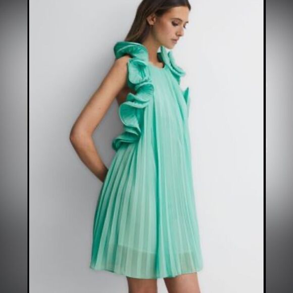 NWT AMUR MIMI HALTER NECK FRILL MINI DRESS Miami Sky Size 0 - Picture 1 of 16